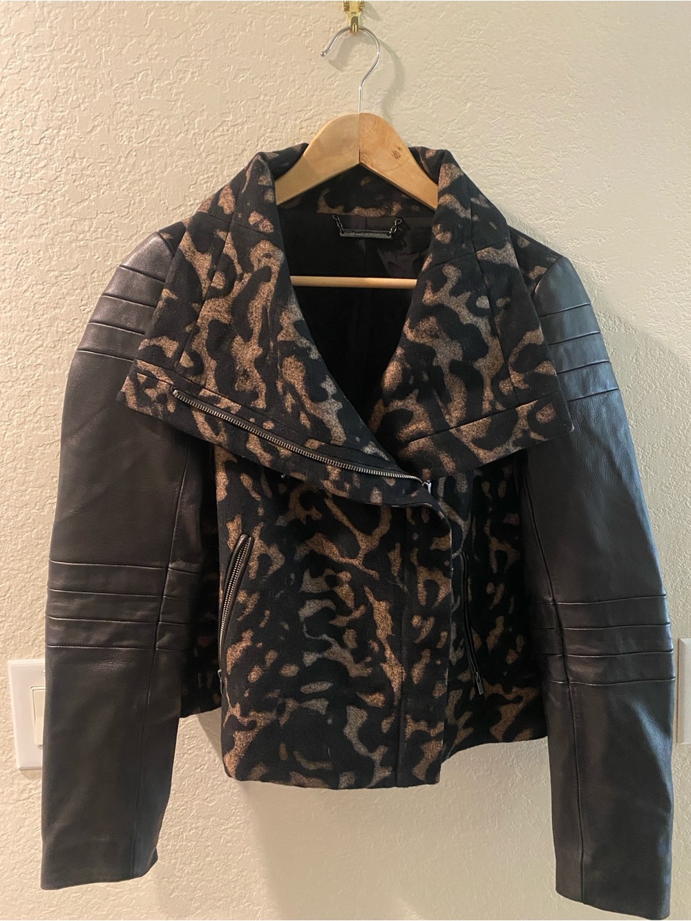 Diane Von Furstenberg Black and Brown Leopard Mixed-Media Moto Jacket